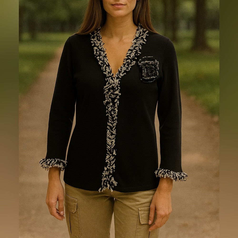 AMBRA LONG SLEEVE OPEN CARDIGAN WITH FRINGE AND FLOWER NWOT